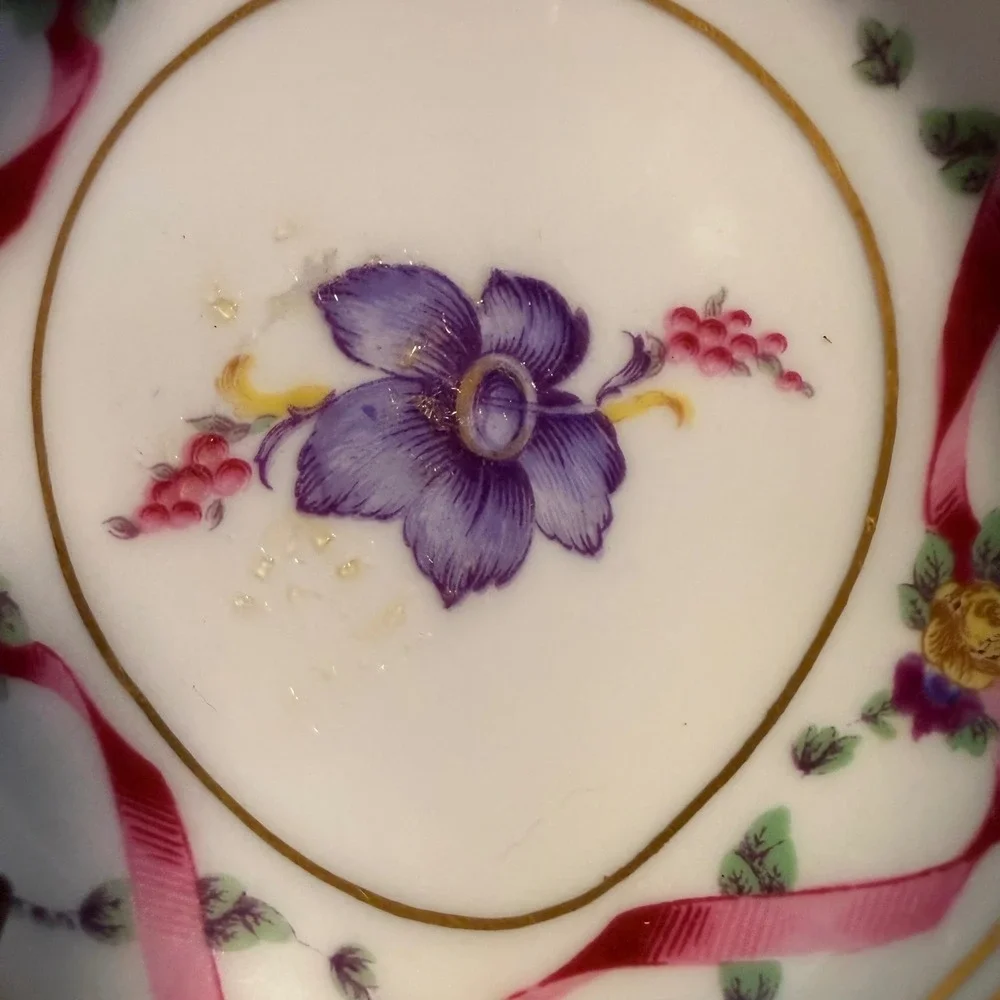 Richard Ginori Hand Painted Pink Ribbon Floral‎ Bonbon Dish Italy w/ Handle